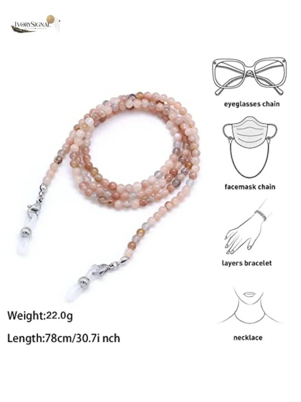 Moonstone Beaded Eyeglass Chain Lanyard for Women, Adjustable Face Mask Holder